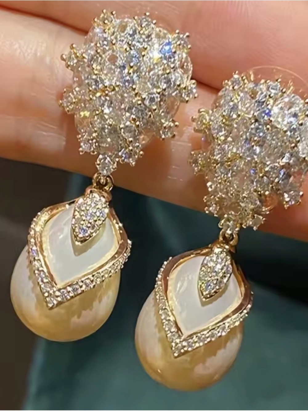 Luxury Gold Drop Earrings with White Shell and Crystal Accents